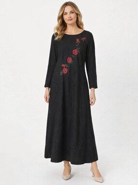 Donna Morgan Pinstriped Rose Embroidered Dress Size 10 Scoop Neck